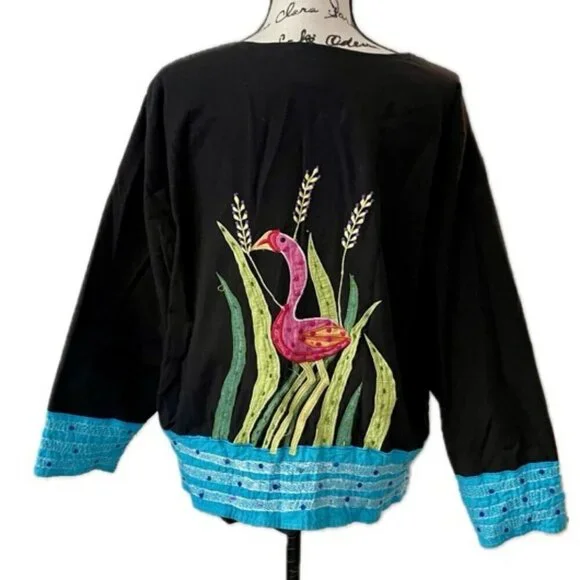 90’s Y2K FLAMINGO ALL OVER BLAZER COAT EMBROIDERED BEADED SZ XL RARE  ECLECTIC - Picture 3 of 16